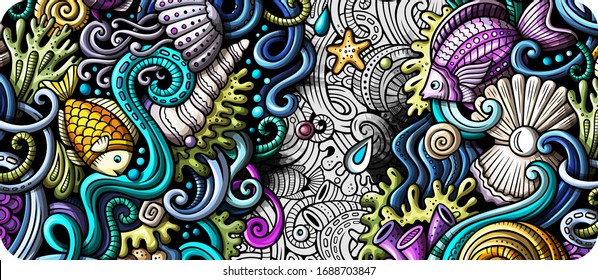 Sea life hand drawn doodle banner. Cartoon detailed flyer. Underwater identity with objects and symbols. Color vector design elements background