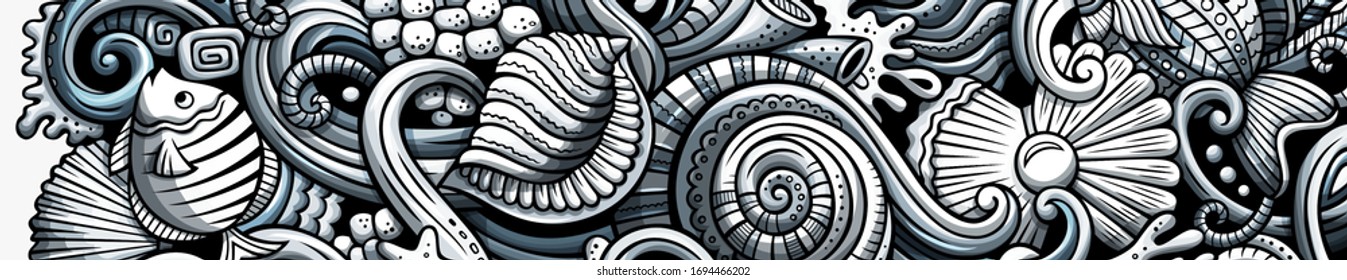 Sea life hand drawn doodle banner. Cartoon detailed flyer. Underwater identity with objects and symbols. Monochrome vector design elements background