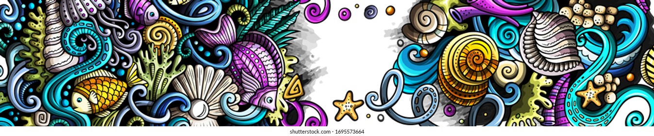 Sea life hand drawn doodle banner. Cartoon detailed flyer. Underwater identity with objects and symbols. Color vector design elements background