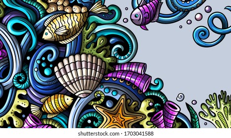 Sea life hand drawn doodle banner. Cartoon detailed flyer. Underwater identity with objects and symbols. Color vector design elements background