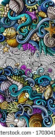 Sea life hand drawn doodle banner. Cartoon detailed flyer. Underwater identity with objects and symbols. Color vector design elements background