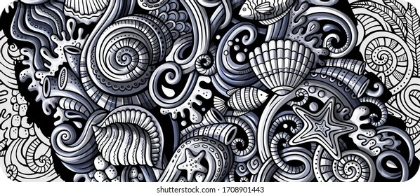 Sea life hand drawn doodle banner. Cartoon detailed flyer. Underwater identity with objects and symbols. Monochrome vector design elements background