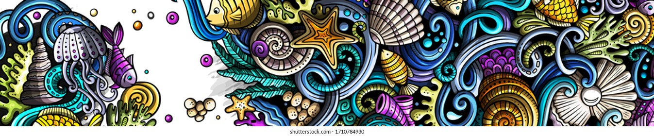 Sea life hand drawn doodle banner. Cartoon detailed flyer. Underwater identity with objects and symbols. Color vector design elements background