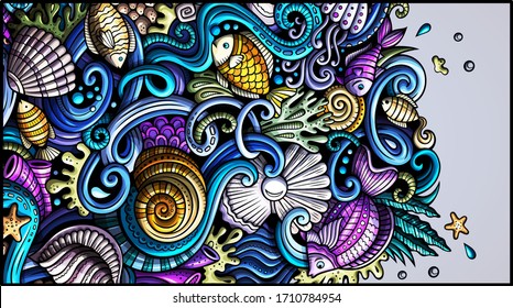 Sea life hand drawn doodle banner. Cartoon detailed flyer. Underwater identity with objects and symbols. Color vector design elements background