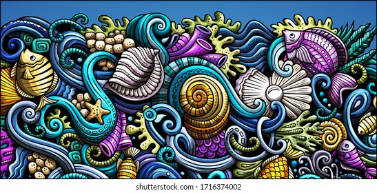 Sea life hand drawn doodle banner. Cartoon detailed flyer. Underwater identity with objects and symbols. Color vector design elements background
