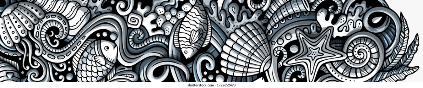 Sea life hand drawn doodle banner. Cartoon detailed flyer. Underwater identity with objects and symbols. Monochrome vector design elements background