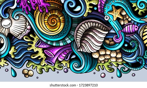 Sea life hand drawn doodle banner. Cartoon detailed flyer. Underwater identity with objects and symbols. Color vector design elements background