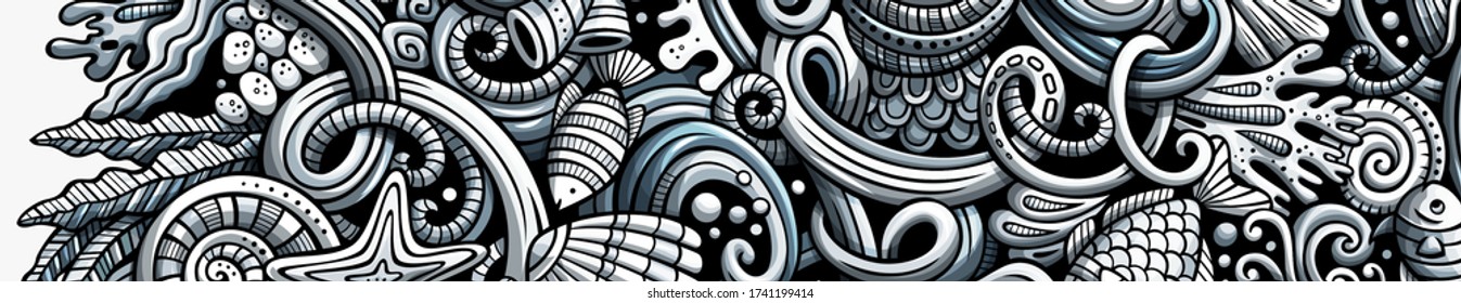Sea life hand drawn doodle banner. Cartoon detailed flyer. Underwater identity with objects and symbols. Monochrome vector design elements background