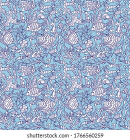 Sea life hand drawn doodle Seamless pattern. Marine vector motif .