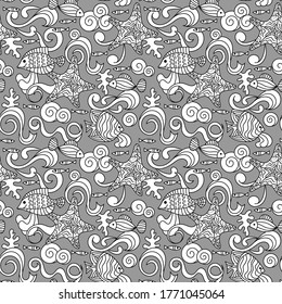 Sea life hand drawn doodle Seamless pattern . Marine vector motif . Underwater world, waves, shells, fish and algae.