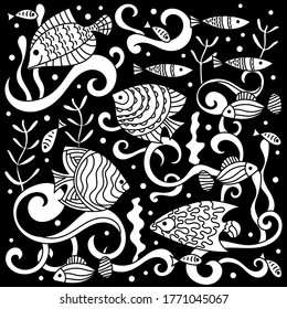 Sea life hand drawn doodle pattern . Underwater world, waves, shells, fish and algae. For fabric, Wallpaper and other surfaces