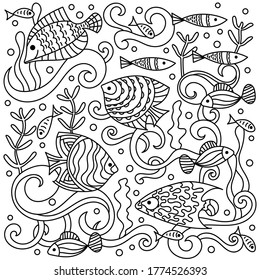 Sea life hand drawn doodle pattern . Underwater world, waves, shells, fish and algae. For fabric, Wallpaper and other surfaces