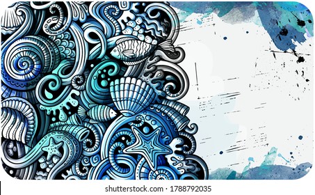 Sea life hand drawn doodle banner. Cartoon detailed flyer. Underwater identity with objects and symbols. Watercolor vector design elements background