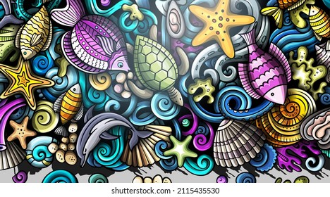 Sea life hand drawn doodle banner. Cartoon detailed flyer. Underwater identity with objects and symbols. Color vector design elements background