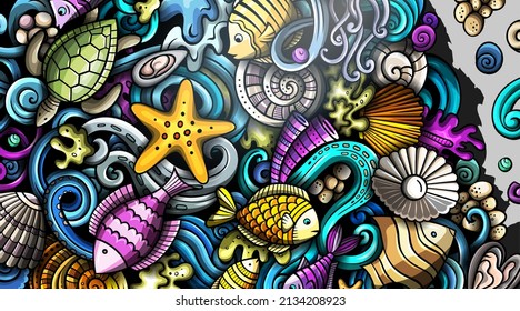 Sea life hand drawn doodle banner. Cartoon detailed flyer. Underwater identity with objects and symbols. Color vector design elements background