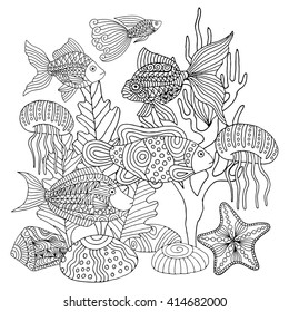 Sea life hand drawn doodle, black line art for coloring books