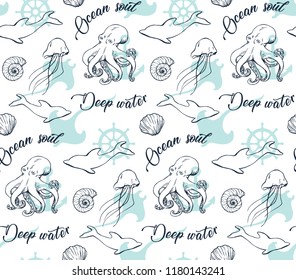 Sea life hand drawn pattern with octopus on white seamless 