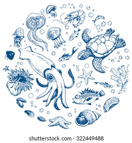 Sea life hand drawn set 