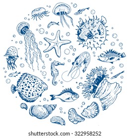 Sea life hand drawn set 