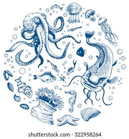 Sea life hand drawn set 