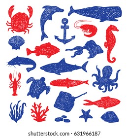 Sea life hand drawn set.Vector illustration.