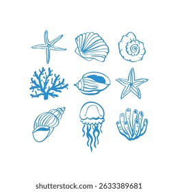Sea life hand drawn vector illustrations. Vector set with marine life.