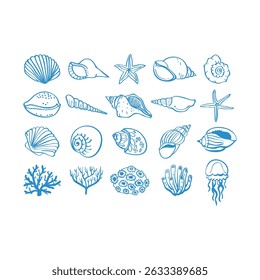 Sea life hand drawn vector illustrations. Vector set with marine life.