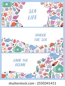 Sea life horizontal banners collection with doodles and lettering quotes. save the ocean theme. Good for posters, prints, cards, invitations, social media, etc. EPS 10