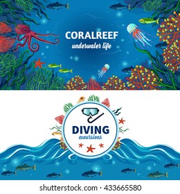 Sea life horizontal banners with colorful image of coral reefs exotic underwater animals and diving advertising flat vector illustration