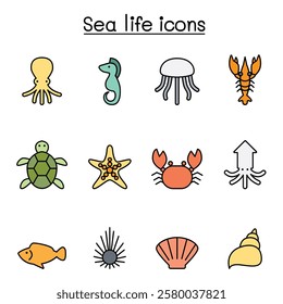 Sea life icon in color line style icon set