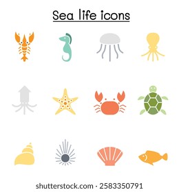 Sea life icon in flat color style icon set
