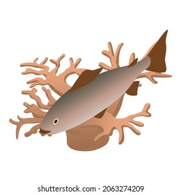 Sea life icon isometric vector. Swimming fish and dark brown seaweed icon. Marine environment, underwater world