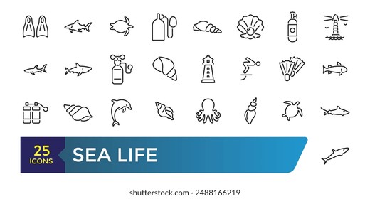 Sea Life icon set. Related to Anchor, fish, Coral, Diving Helmet, Dolphin and more. Collection and pack of linear web and ui icons. Editable stroke. Vector illustration.