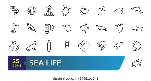 Sea Life icon set. Related to Anchor, fish, Coral, Diving Helmet, Dolphin and more. Collection and pack of linear web and ui icons. Editable stroke. Vector illustration.