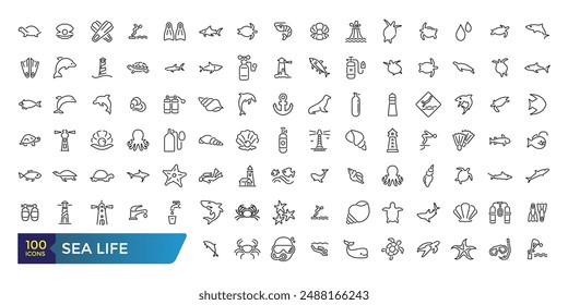 Sea Life icon set. Related to Anchor, fish, Coral, Diving Helmet, Dolphin and more. Collection and pack of linear web and ui icons. Editable stroke. Vector illustration.
