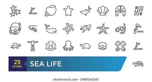 Sea Life icon set. Related to Anchor, fish, Coral, Diving Helmet, Dolphin and more. Collection and pack of linear web and ui icons. Editable stroke. Vector illustration.