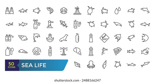 Conjunto de iconos de Sea Life. Relacionado con Ancla, pez, Coral, Casco de buceo, Delfín y más. Colección y paquete de iconos de Web lineal y ui. Trazo editable. Ilustración vectorial.