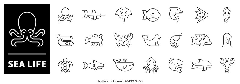 Sea life icon set. Thin line icons set related to sea life and sea fish. Sea life web icons collection in line style. 