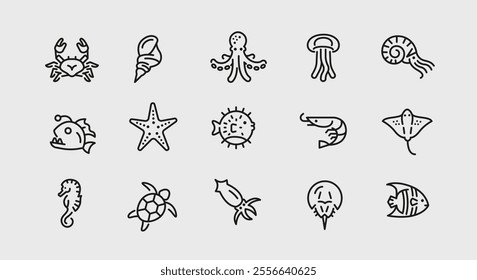 Sea life icons. Set of 15 sea life trendy minimal icons. Jellyfish, dolphin, shrimp, octopus, starfish, turtle, shark. Design signs for web page, mobile app, packaging design. Vector illustration