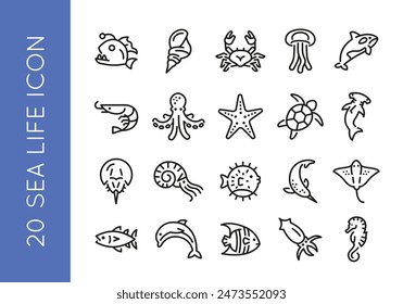 Iconos de la vida marina. Conjunto de 20 iconos de moda de la vida marina. Medusas, delfines, camarones, pulpos, estrellas de mar, tortugas, tiburones. Diseño de carteles para página de Web, App móvil, diseño de envases. Ilustración vectorial