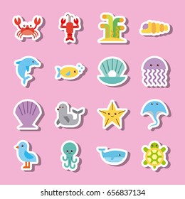 sea life icons set flat draw