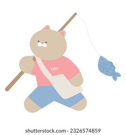 sea life illustration. A cat carrying a fishing rod on its shoulder.