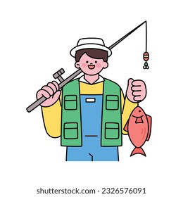 sea life illustration. A fisherman stands with his caught fish.