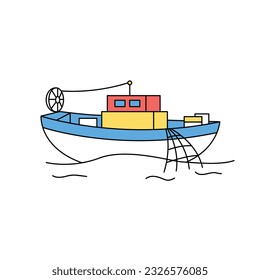 sea life illustration. A fishing boat catching fish with a net.