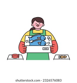 sea life illustration. A fishmonger is holding a box of fish and smiling.