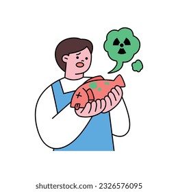 sea life illustration. A fishmonger holding a radioactive fish.