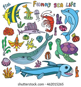 Sea life illustration. Hand drawing vector doodle cartoon animals,shell,fish.Dolphin,whale,turtle,shrimp  sketch.Ocean life vacation background.Colored set.Tropical exotic summer travel,aquarium life.
