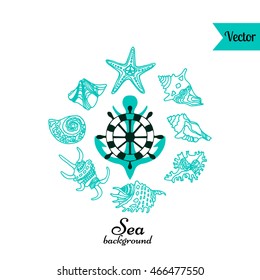 Sea life illustration. Round pattern with sea shells, starfish, anchor and steering wheel. Ocean set. Marine theme. Travel symbol.