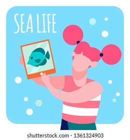 Sea Life Invitation Flat Banner. Vector Cartoon Design Promotional Illustration with Happy Girl Showing Exotic Fish Photo on Tablet. Aquarium Flyer, Announcement with Bubbles Water Style Backdrop