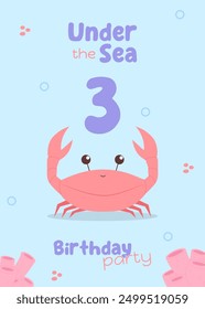 Sea life kids' birthday invitation. Cute postcard with a red crab and coral accents in soft blue and purple tones for a third birthday celebration